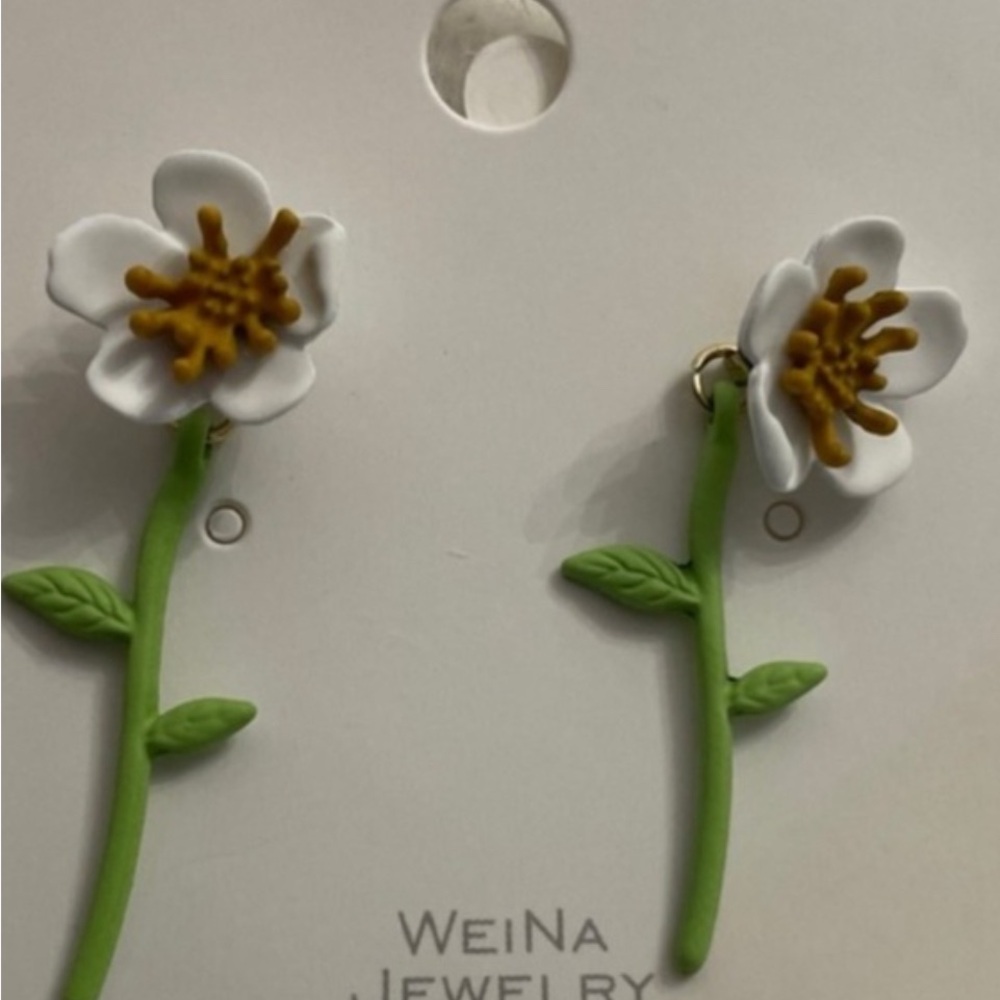 White and Green Floral Earrings